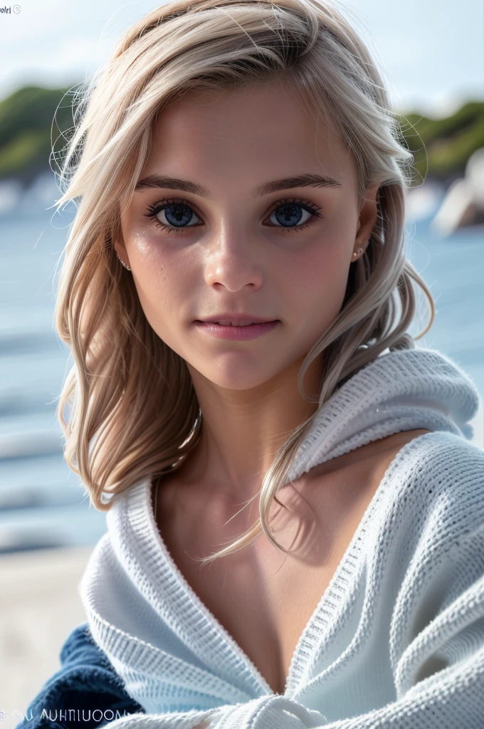 a woman, white sweater, midnight at the beach, perfect face, clear eyes, perfect day, close up, waves in background, [smiling:0.5], 8k, uhd, raw, fujifilm xt3, masterpiece