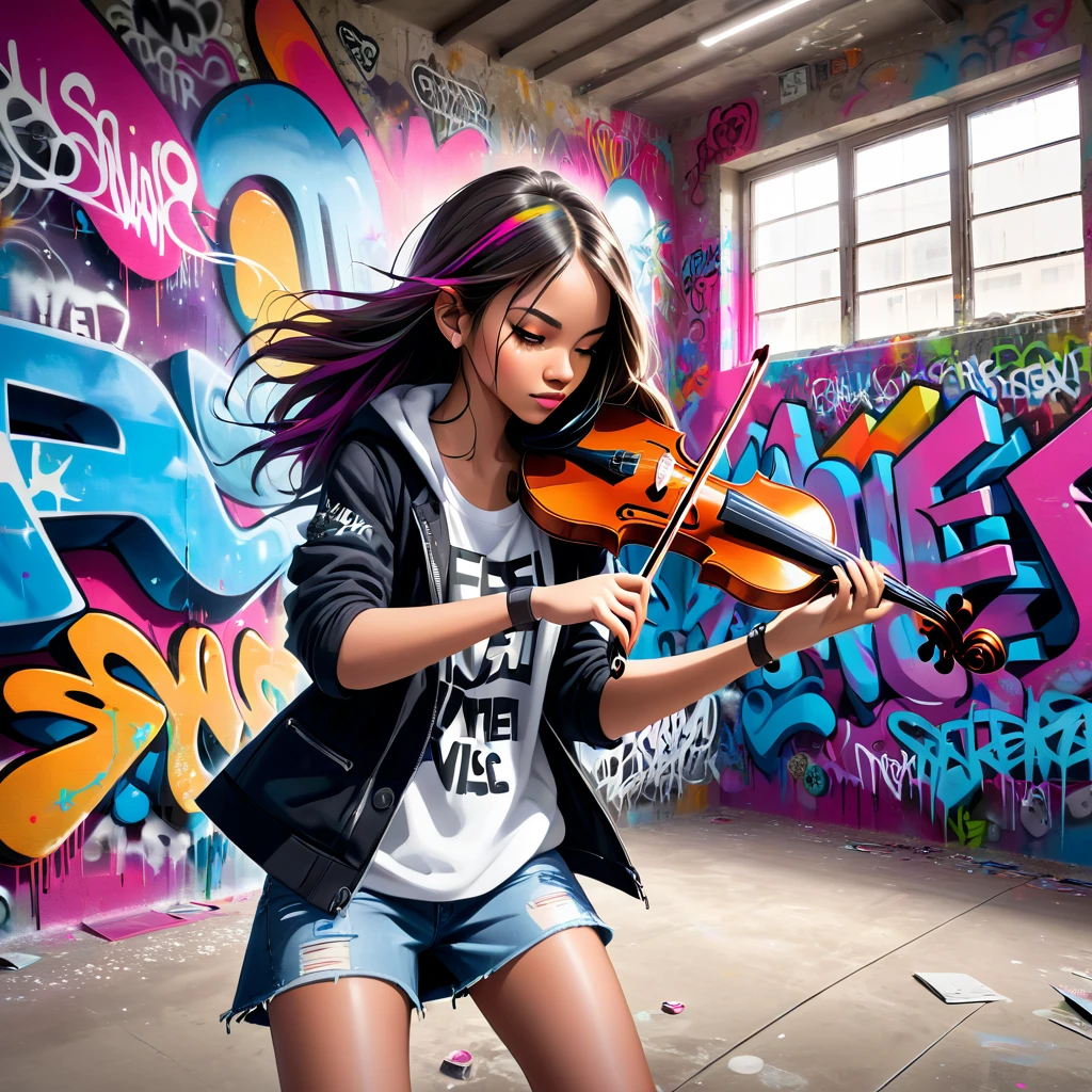 A girl with a swag style playing the violin inside a building with graffiti-covered walls. On the wall behind her, there's a large, vibrant graffiti that says 'Feel it,' adding an urban and cool vibe to the scene.

