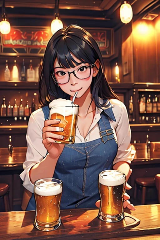 Highest quality、masterpiece、High sensitivity、High resolution、detailed、One Woman、Slim Body、Glasses、At the pub、drinking beer、