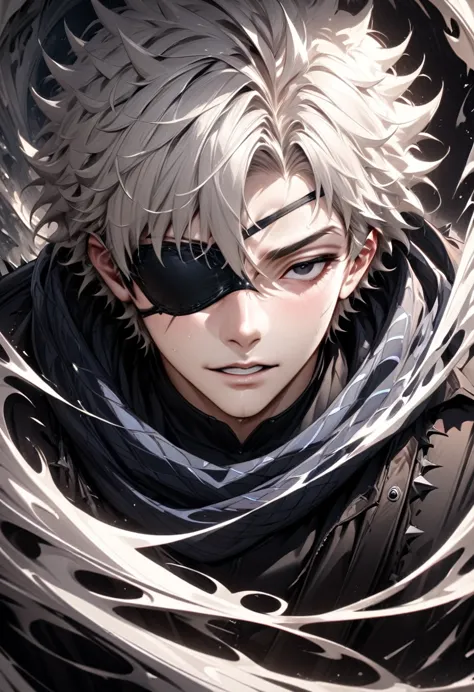 a boy in a black shirt wears a black eye patch、scarf, gray hair, close up high dynamic range of man with spiky hair and white ha...