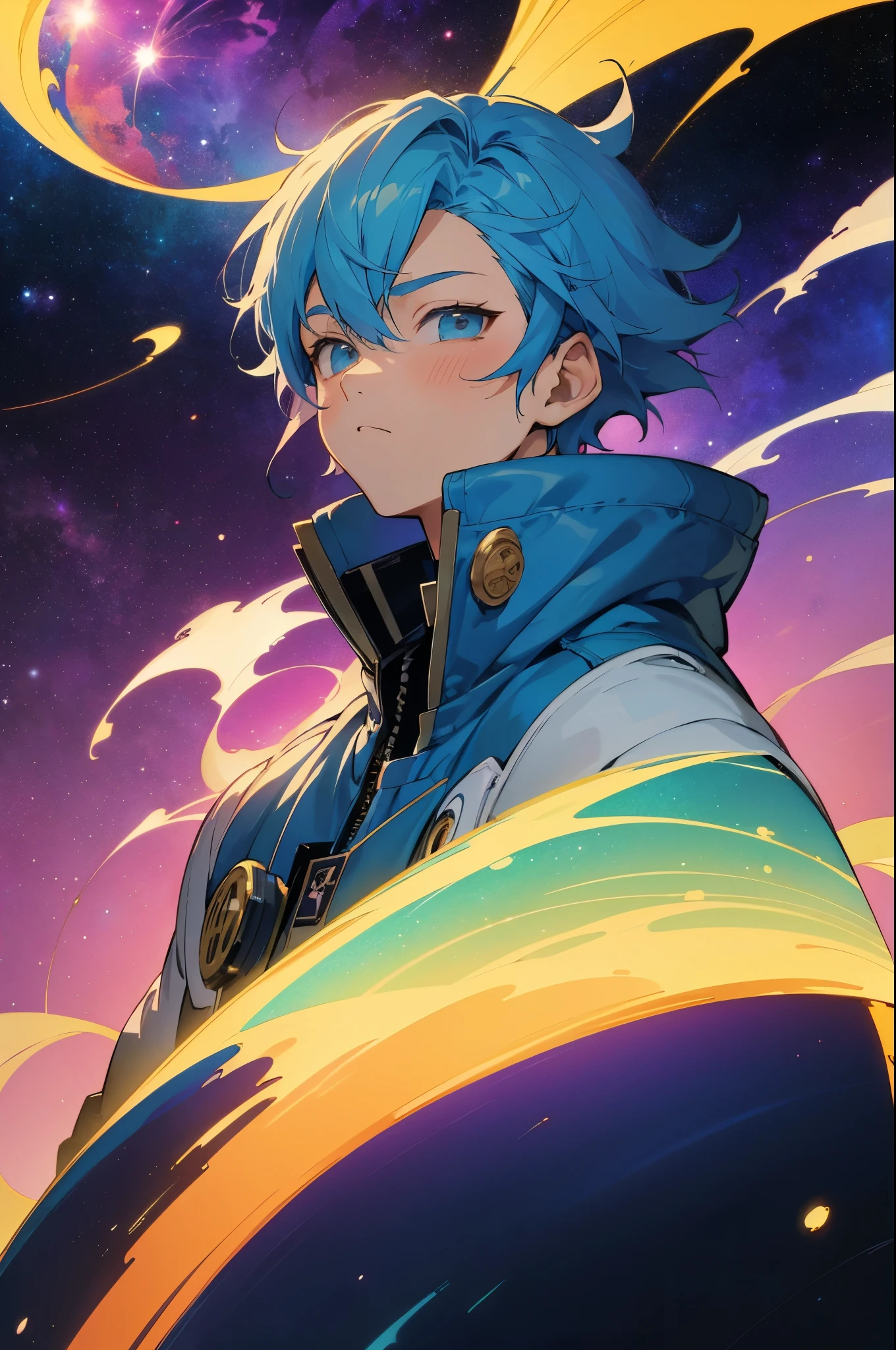 anime boy with blue hair and a colorful jacket looking up at the sky, anime boy with cosmic hair, 4 k manga wallpaper, anime art nouveau cosmic display, anime style 4 k, jen bartel, portrait anime space cadet boy, anime art wallpaper 4 k, anime art wallpaper 8 k, anime art wallpaper 4k, boy in space, official art, cosmic boy
