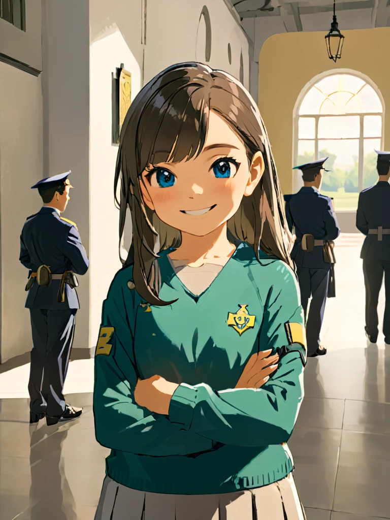 A 15 year old girl smiling with her arms crossed., vistiendo uniforme de colegio, fondo blanco,mirando al frente, cara detallada, alta calidad, arte digital, Fancy, dramatic lighting, cinematographic composition