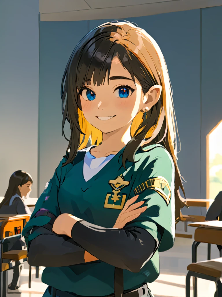 A 15 year old girl smiling with her arms crossed., vistiendo uniforme de colegio, fondo blanco,mirando al frente, cara detallada, alta calidad, arte digital, Fancy, dramatic lighting, cinematographic composition