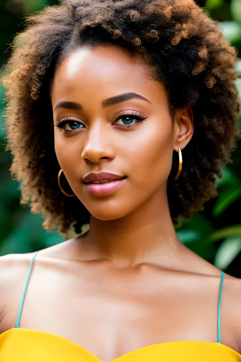 A stunning, mixed race Ghanaian woman with warm, golden-brown hair and captivating blue eyes, captured in high-quality, hyperrea...