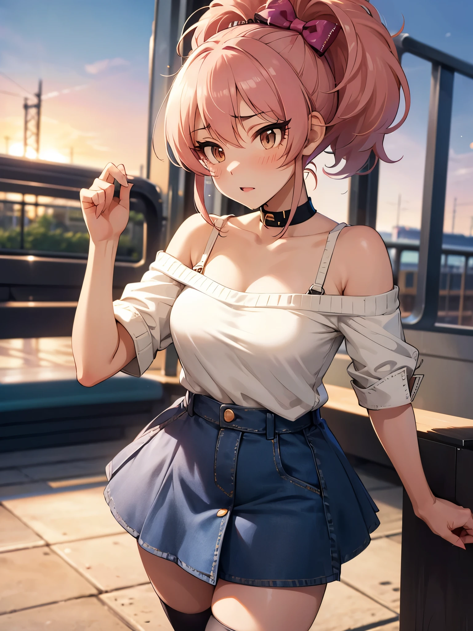 NSFW,Amica、ponytail、Hair Ribbon、clavicle,sweater,Off the shoulder,cropped,Pink plager,Denim tight mini skirt,stockings,Heel,(Perfect hands),(Perfect Anatomy),(masterpiece),(Highest quality),Embarrassed,blush,(train:1.5),Are standing