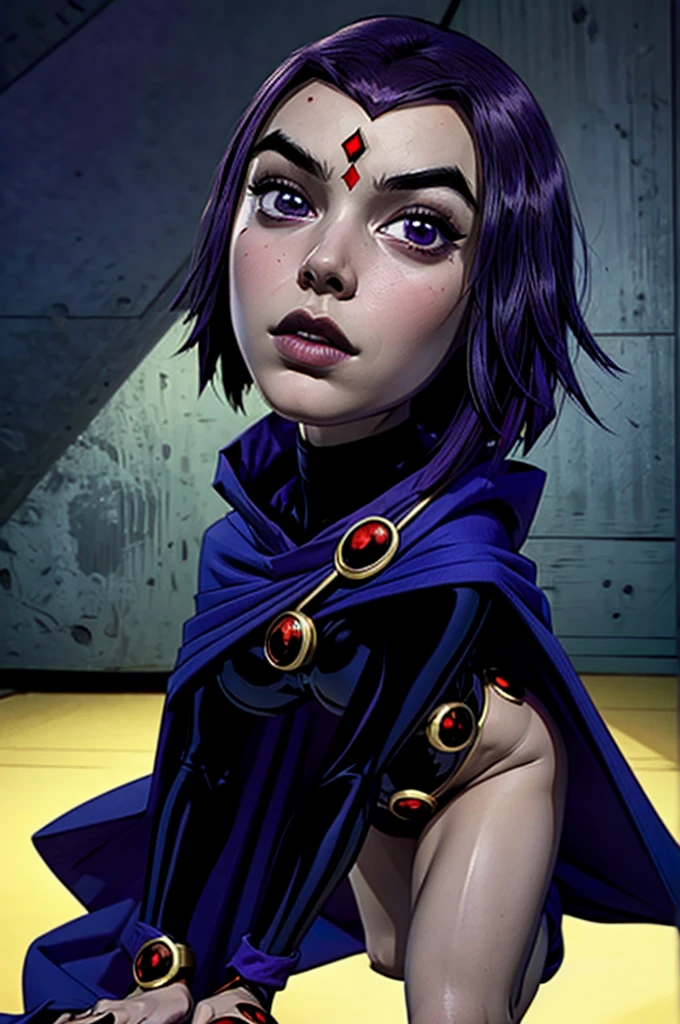 Raven, Teen Titans Raven, slender slim body, skinny waist, pale grey skin, dark purple hair, red gemstone in the centre of her forehead, looking at viewer, seductive, (realistic), (masterpiece), (highly detailed face), thick eyebrows, big juicy purple lips, lip filler, cheekbones, defined face, sharp nose, attractive, ((kneeling, looking up at viewer, needy expression, begging)), ((wrapped in a dark purple cloak)), ((wearing teen titans raven costume))