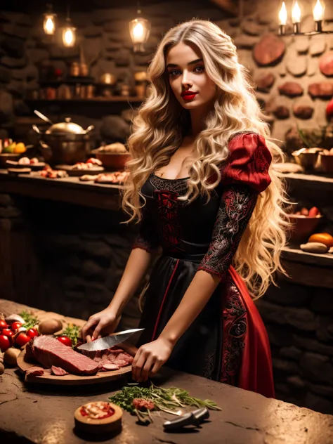 beautiful girl, blonde, red lips, (in red-black dress), cooking in medieval kitchen, table, medieval oven, meat, knife, vegetabl...