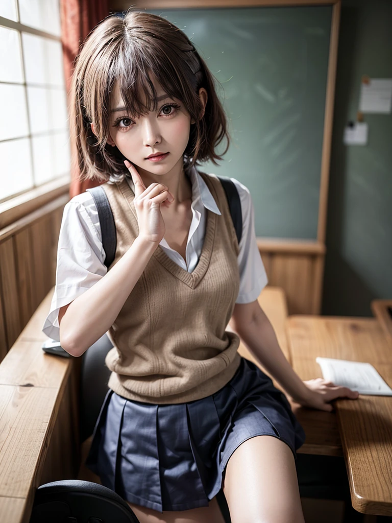 Masterpiece, Top Quality, Top Mikoto, brown eyes, short hair, small breasts, looking at viewer, alone, closed mouth, collared shirt, beige knit vest, dark blue  Skirt, school_uniform, shirt, white_shirt, classroom,Masterpiece, highest quality, 8K, detailed skin texture, fine cloth texture, beautiful detailed face, intricate details, super detailed,cute,cute posing,composition that shows the whole body,