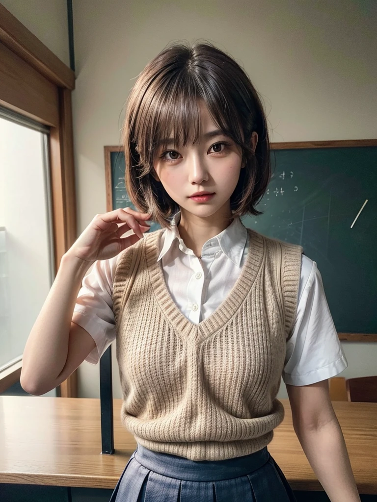 Masterpiece, Top Quality, Top Mikoto, brown eyes, short hair, small breasts, looking at viewer, alone, closed mouth, collared shirt, beige knit vest, dark blue  Skirt, school_uniform, shirt, white_shirt, classroom,Masterpiece, highest quality, 8K, detailed skin texture, fine cloth texture, beautiful detailed face, intricate details, super detailed,cute,cute posing,composition that shows the whole body,