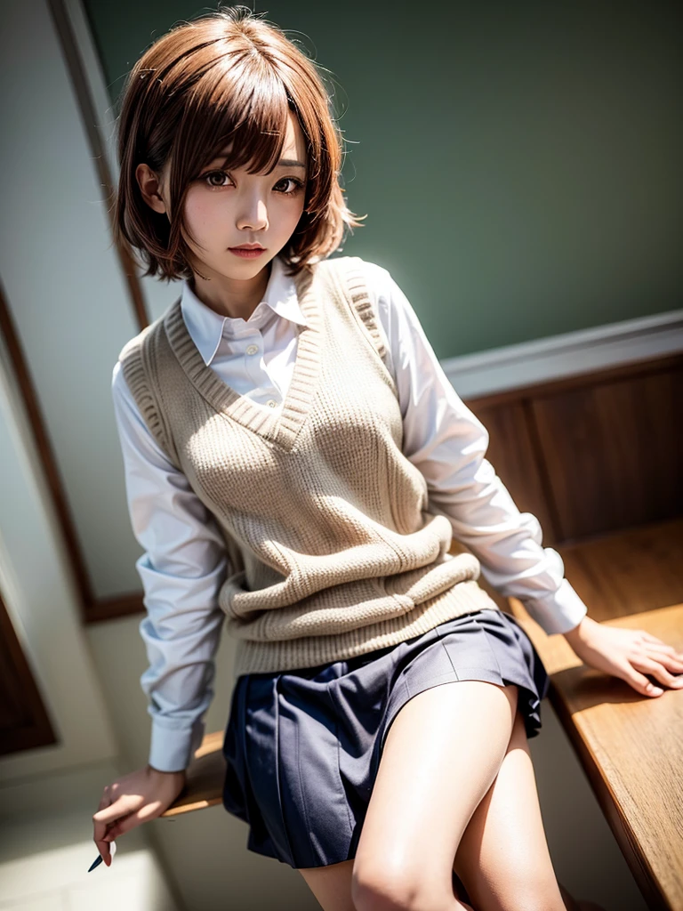 Masterpiece, Top Quality, Top Mikoto, brown eyes, short hair, small breasts, looking at viewer, alone, closed mouth, collared shirt, beige knit vest, dark blue  Skirt, school_uniform, shirt, white_shirt, classroom,Masterpiece, highest quality, 8K, detailed skin texture, fine cloth texture, beautiful detailed face, intricate details, super detailed,cute,cute posing,composition that shows the whole body,