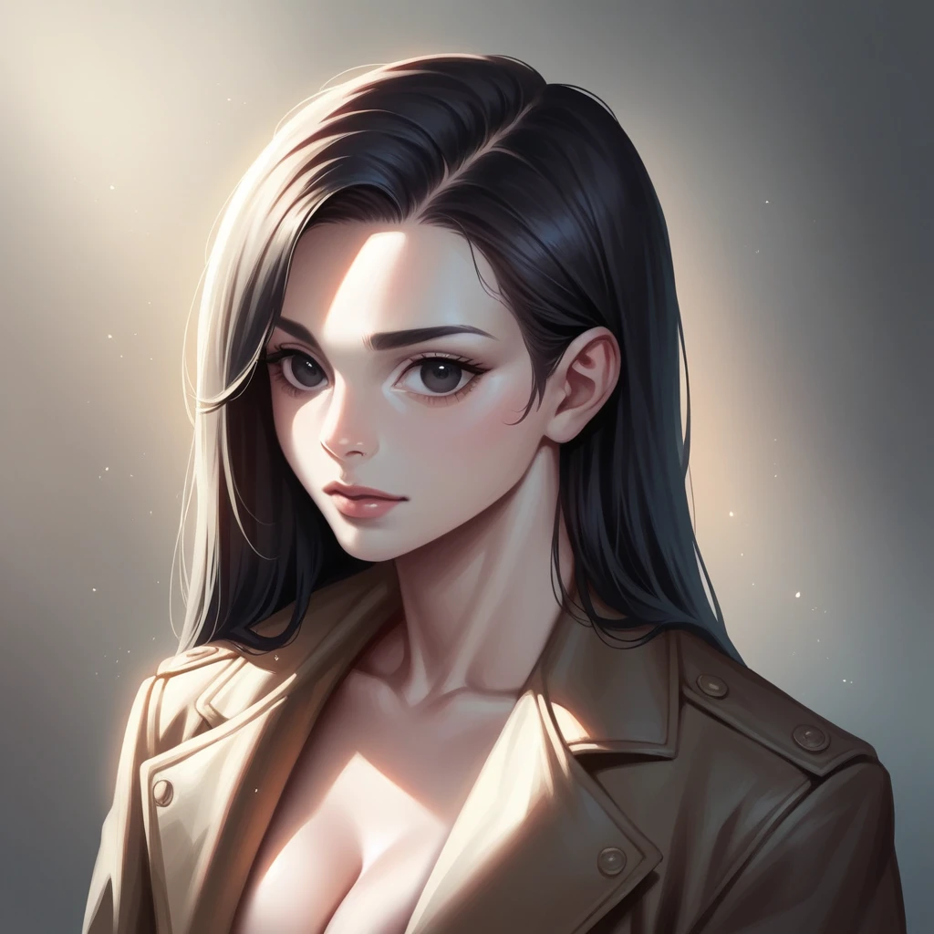 beautiful girl with realistic black eyes, pale skin, mid-length black hair, perfect face, perfect eyes, wearing coat, highly detailed, comprehensive cinematic, digital painting, 8k, cinematic lighting, best quality, highres, detailed work, post-processing, perfect result, hyper realistic