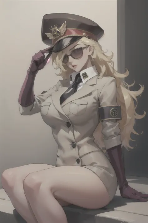 (masterpiece, best quality),domino,hat,peaked cap,uniform,gloves,sunglasses,sitting,naked, big breasts