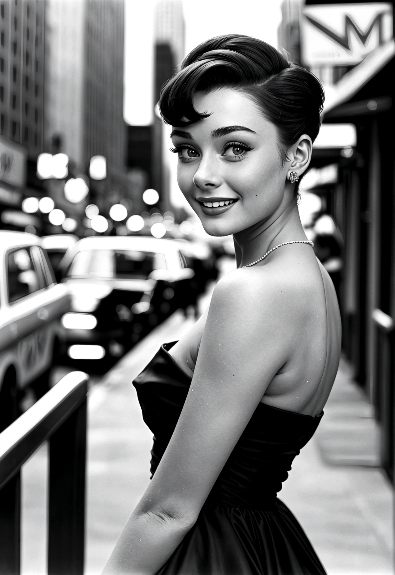 Fotografia de uma mulher de 20 anos que se parece com Audrey Hepburn: cabelo escuro curto, olhos grandes e expressivos e um sorriso elegante e sóbrio. A mulher está olhando para a vitrine de uma loja de chapéus em Nova York. Olhos perfeitos, nariz perfeito, boca perfeita, fotografia em preto e branco dos anos 50, 8k, fotografia realista --seed 2110327013