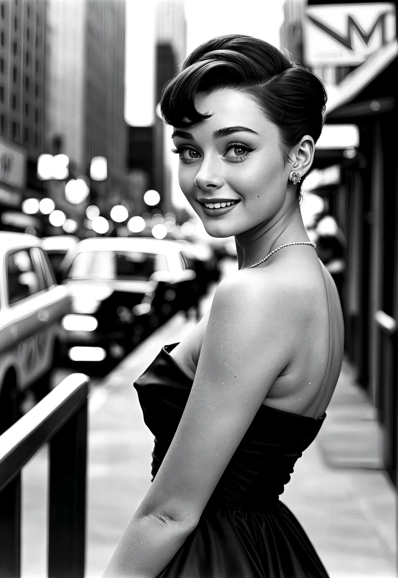 Photograph of a 20-year-old woman who looks like Audrey Hepburn: pelo corto y oscuro, ojos grandes y expresivos y una sonrisa el...