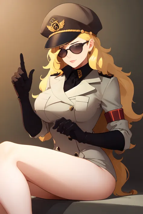 (masterpiece, best quality),domino,hat,peaked cap,uniform,gloves,sunglasses,sitting,naked, big breasts