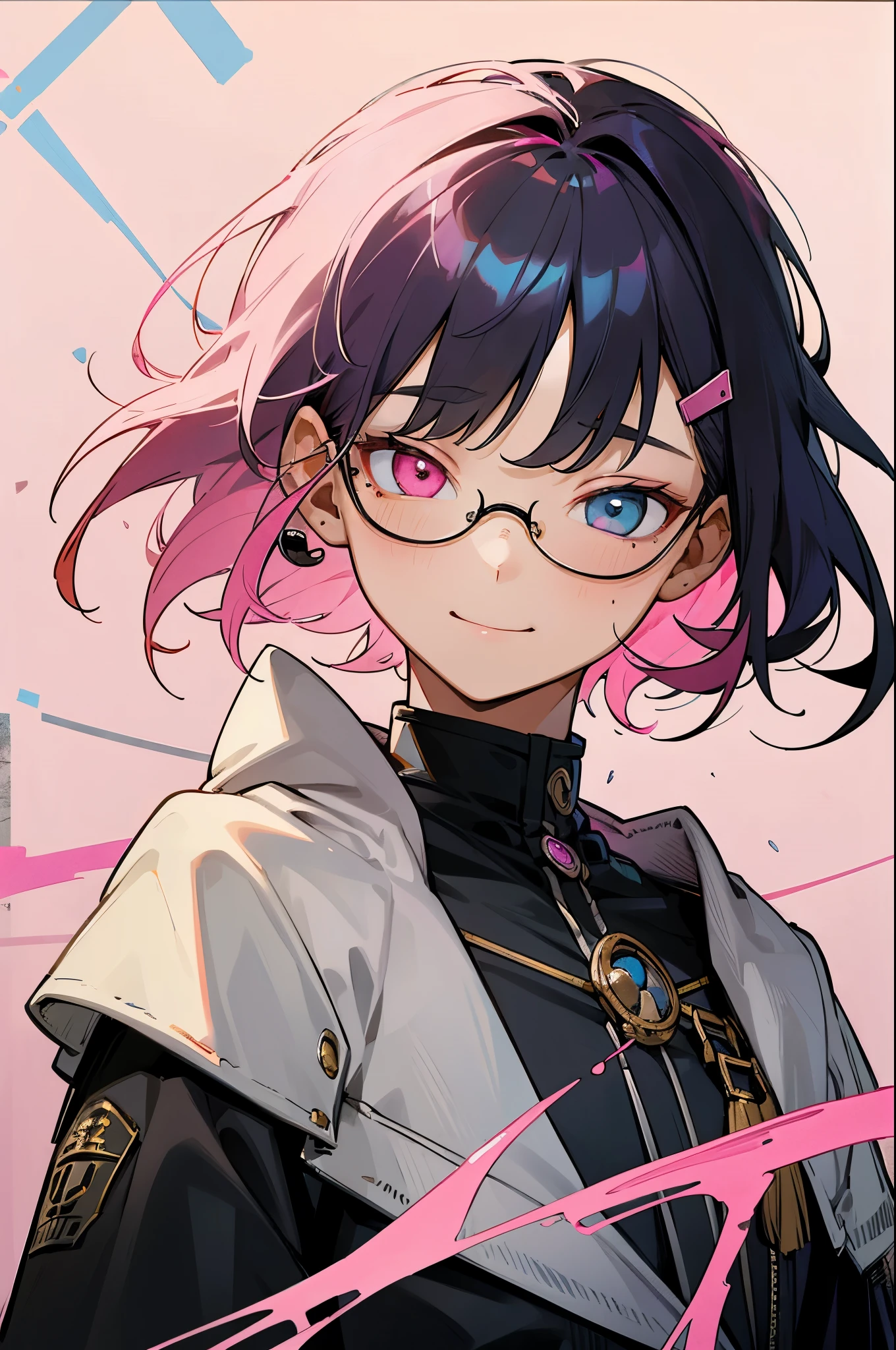 , ultra detailed, masterpiece, Golden ratio, (solo:1.3), smile, 1boy, Otoko no ko,trap, (heterochromia, blue eyes, pink eyes:1.3), mole under eye, eyelashes, glasses, medium hair, multicolored hair, pink hair, black hair, long sidelocks, bangs, hair flaps, side braid, hair between eyes, flipped hair, x hair ornament, layered clothes,
