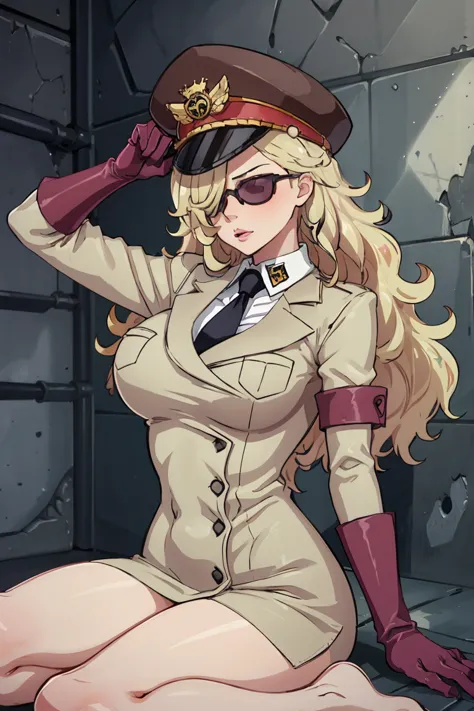 (masterpiece, best quality),domino,hat,peaked cap,uniform,gloves,sunglasses,sitting,naked, big breasts, blonde hair, prison, cel...