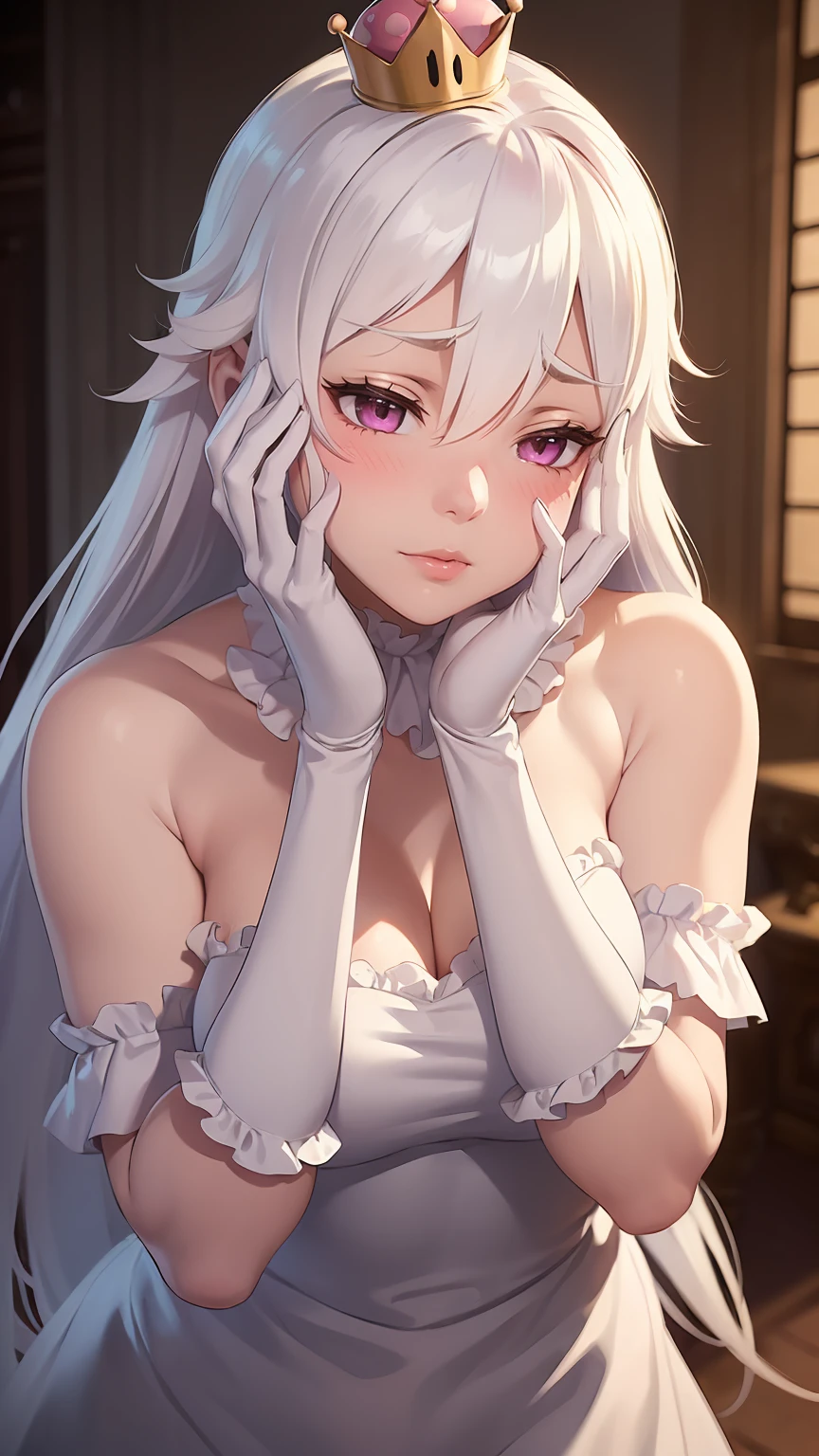 ((masterpiece)), ((best quality)), (detailed), perfect, solo, boosette, gorgeous girl, luscious lips, white hair, (((very shy))), (((blushing))), (((hands on face))), in a haunted mansion, (((covering eyes))), (((off shoulders)))