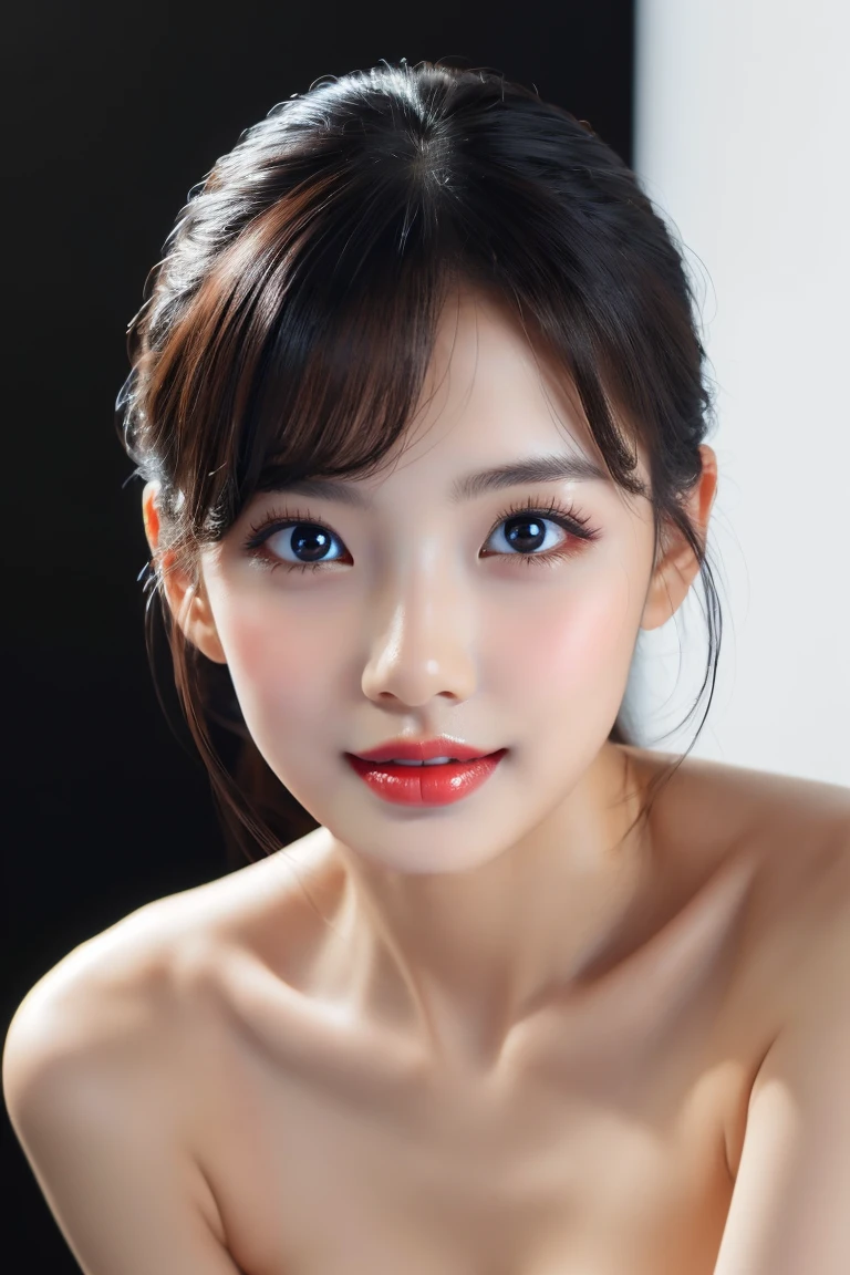 (Highest quality、Tabletop、8k、Best image quality、Award-winning works)、Cute beauty、(nude:1.3)、(The simplest pure black background:1.5)、(Face close-up:1.6)、Beautiful and exquisite、Expressionless、(look straight at me:1.1)、(stand upright facing forward:1.1)、(Perfect Makeup:1.1)、(Bright lipstick:1.1)、Ultra-high definition beauty face、Ultra HD Hair、Ultra HD Shining Eyes、Ultra-high quality, vibrant and glossy lip color、Accurate anatomy、Very beautiful skin、Ultra high resolution and beautiful, Glowing Skin、An elegant upright posture when viewed from the front、Sweaty skin、Hot face、Damp Hair、Moist Skin