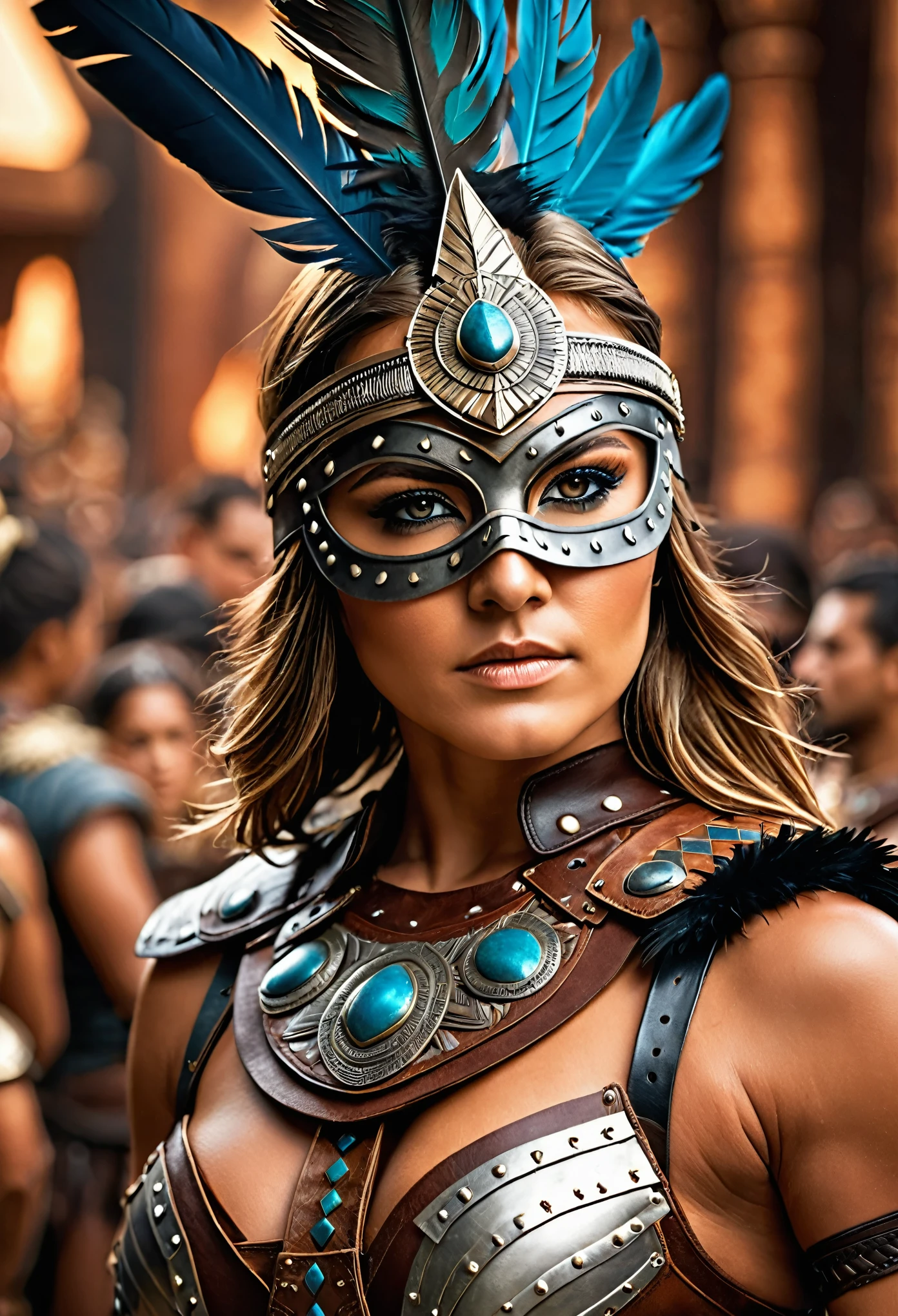 close up, photorealistic, (masterpiece:1.3), (best quality:1.3), beautiful, (intricate details), unity 8k wallpaper, ultra detailed, beautiful, aesthetic, perfect lighting, crowd around WestGark, very strong woman, (muscular:1.2), wearing leather plastron armor, wearing animal mask with feathers, wearing toga, hunting,  (aztec temple background:1.0),  (perfect hands:1.2),,