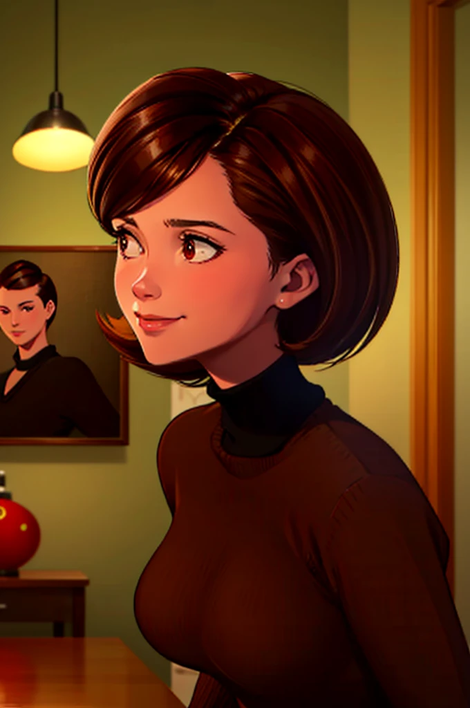 Naked body, big ass, tits, pussy, helen parr, masterpiece, best quality, solo, brown hair, brown eyes, turtleneck, sweater, smile, short hair, turtleneck sweater, black sweater, 1girl, upper body, closed mouth, indoors, portrait, black sweater,