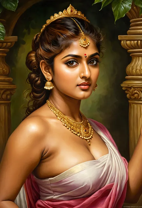 Looks like Nayanthara, exotic Indian art, oviyar maruthi style painting, Masterpiece, Beautiful Thick Woman, Best quality, high ...