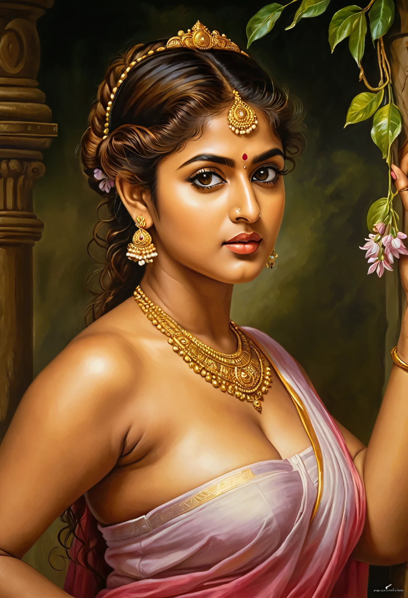 Looks like Nayanthara, exotic Indian art, oviyar maruthi style painting, Masterpiece, Beautiful Thick Woman, Best quality, high clarity eyes, critically flawless,sharp picture, Full portrait, High pixels, perfect face, perfect eyes, beautiful face, perfect hands,perfect fingers, in Peter Paul Rubens style, by Peter Paul Rubens, baroque style, acrylic on canvas, highly detailed, description: "Create a nymph inspired by the tales of Greek or Roman mythology, embodying the essence of a natural element or location, and possessing a unique ability or trait that sets her apart."