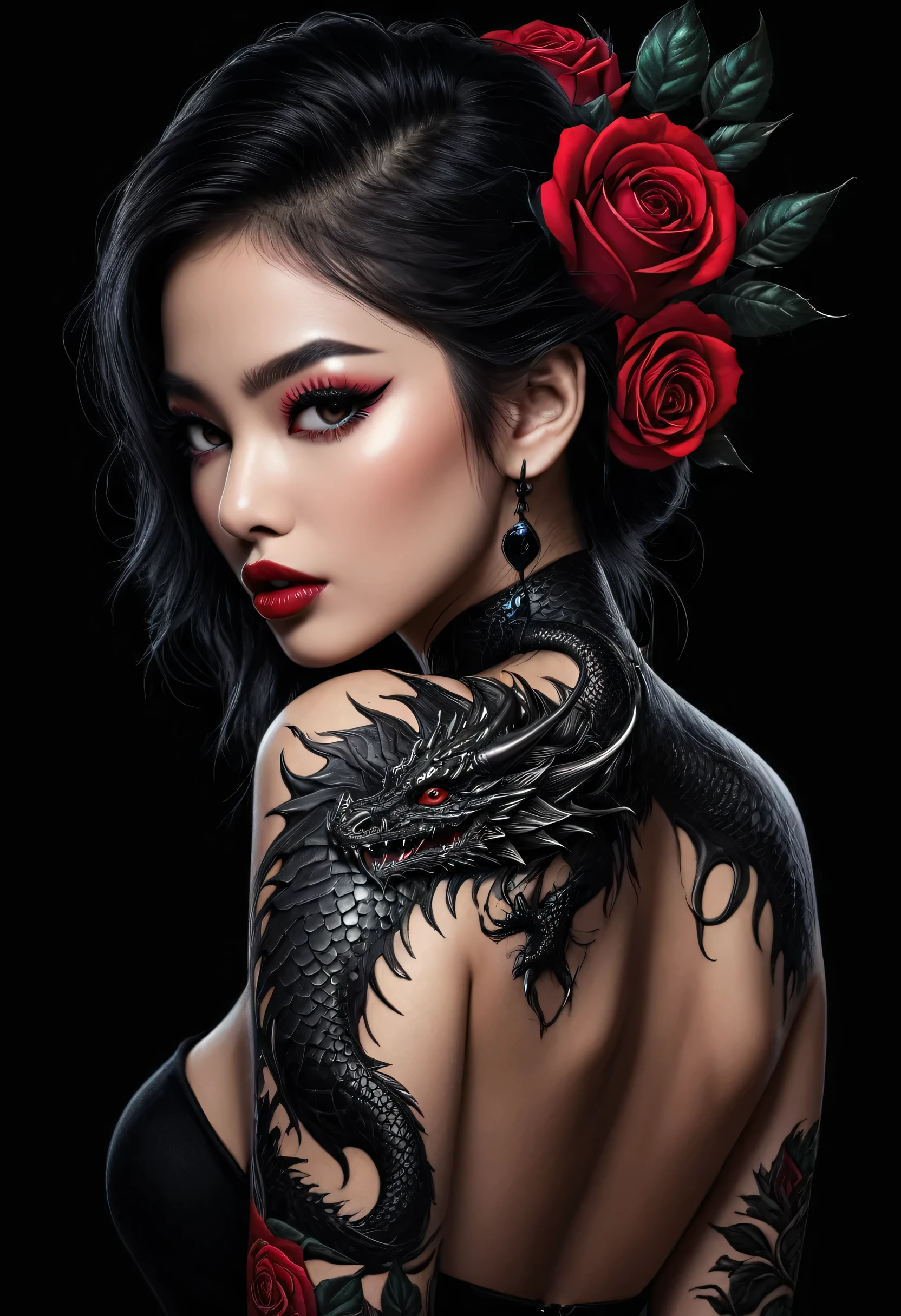 спина красивой женщины со сложной детальной татуировкой черного дракона с розами, hyper-реалистичный, детальная текстура кожи, шедевр, 8К, красивые детализированные глаза, красивые детализированные губы, очень детальное лицо, длинные ресницы, реалистичный, photo-реалистичный, физически обоснованный рендеринг, яркие цвета, драматическое освещение, сложные детали, Кинематографическая композиция, готическая мода, драматическая поза, голый. боковая грудь
