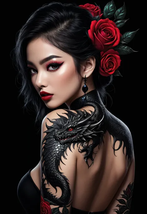 a beautiful woman's back with a intricate detailed black dragon tattoo with roses, hyper-realistic, detailed skin texture, maste...