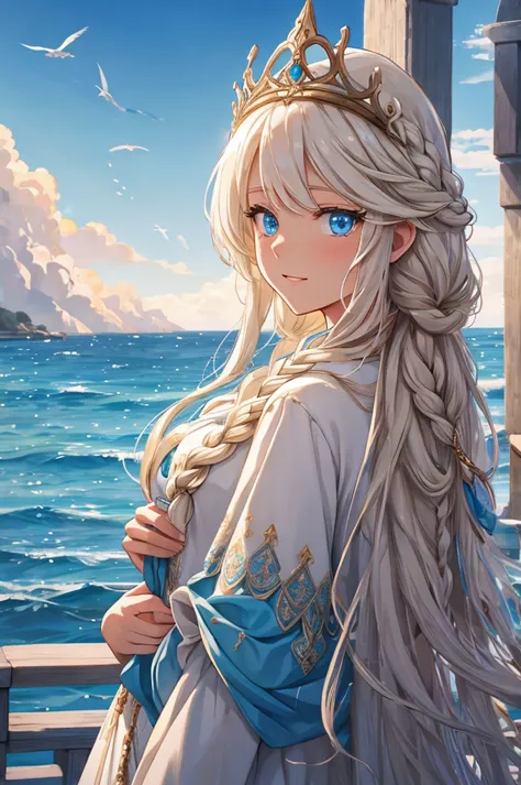 A girl emerged from the sea, The Swan Princess of Russian Mythology, Beautiful calm face, blue eyes, Long blonde hair braided, T...