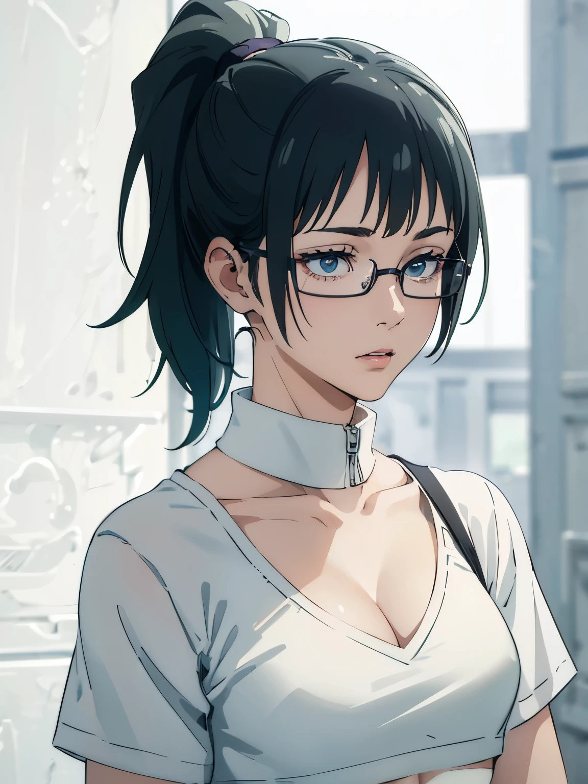 masterpiece, best quality, NSFW, 1girl, glasses, ponytail, white crop top, cleavage, detailed eyes, detailed facial features, realistic and high resolution (best quality, 4k, 8k, highres, masterpiece:1.2)