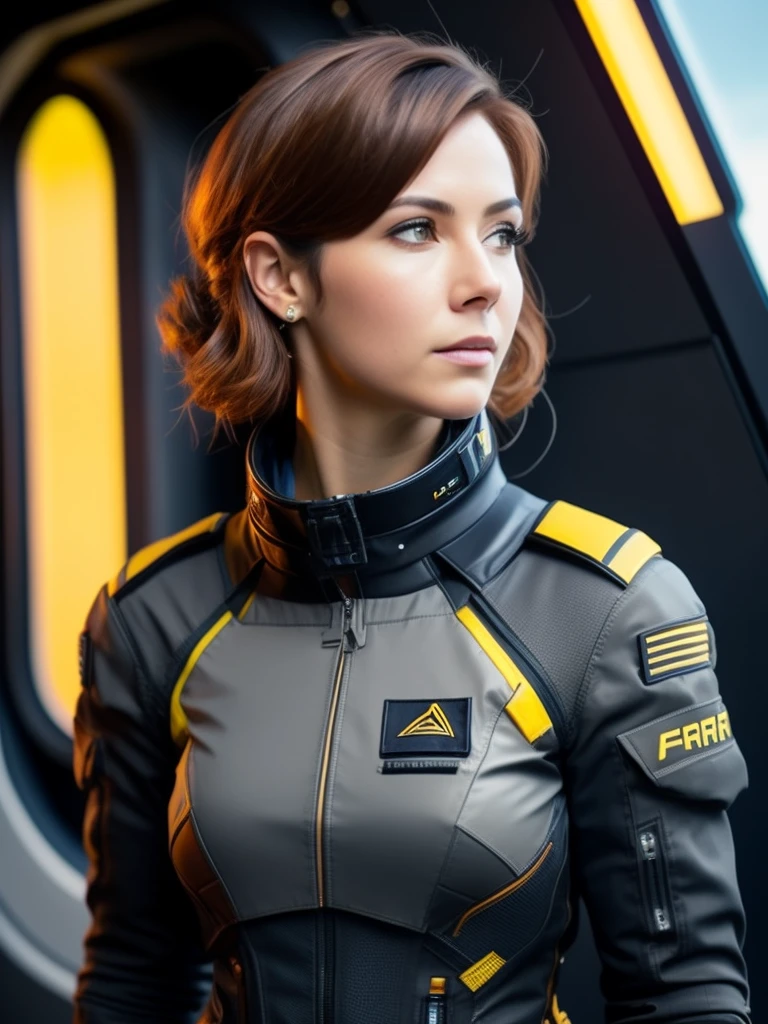 fking_scifi, award-winning photo of a woman, black tight flight suit with yellow accents, brown hair, (gray eyes:1.35), square jawline, asymmetric face, standing in front of a window on a space ship, 80mm, bokeh, mass effect, close up, fking_cinema_v2