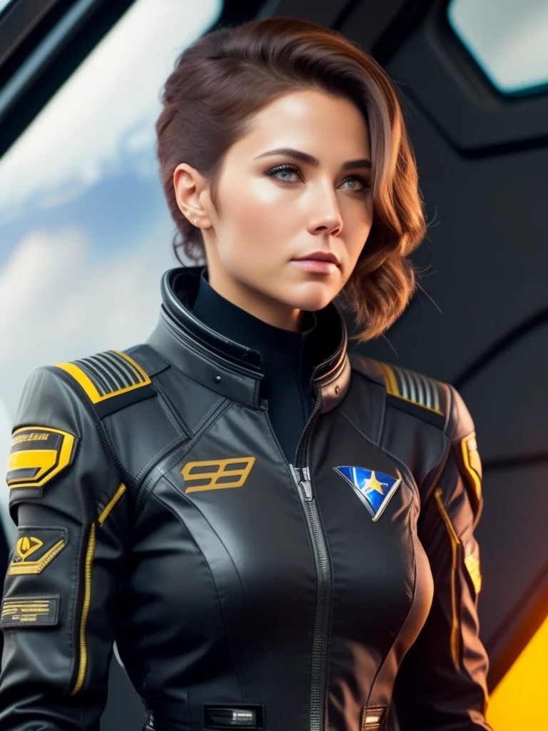 fking_scifi, award-winning photo of a woman, black tight flight suit with yellow accents, brown hair, (gray eyes:1.35), square jawline, asymmetric face, standing in front of a window on a space ship, 80mm, bokeh, mass effect, close up, fking_cinema_v2