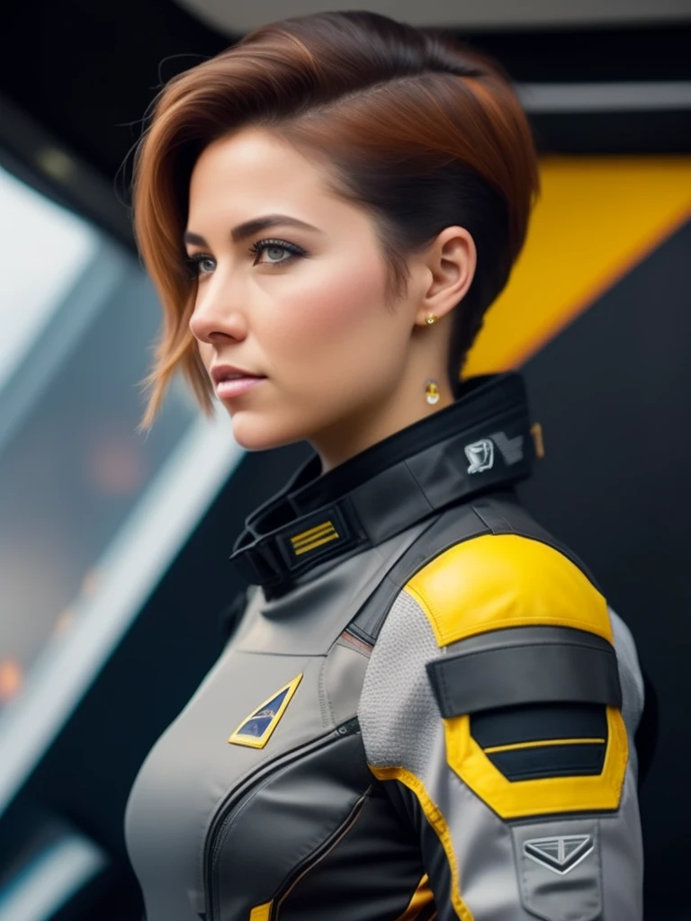 fking_scifi, award-winning photo of a woman, black tight flight suit with yellow accents, brown hair, (gray eyes:1.35), square jawline, asymmetric face, standing in front of a window on a space ship, 80mm, bokeh, mass effect, close up, fking_cinema_v2