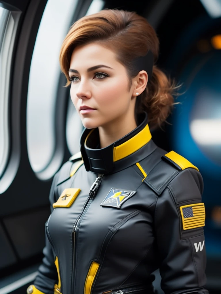 fking_scifi, award-winning photo of a woman, black tight flight suit with yellow accents, brown hair, (gray eyes:1.35), square jawline, asymmetric face, standing in front of a window on a space ship, 80mm, bokeh, mass effect, close up, fking_cinema_v2