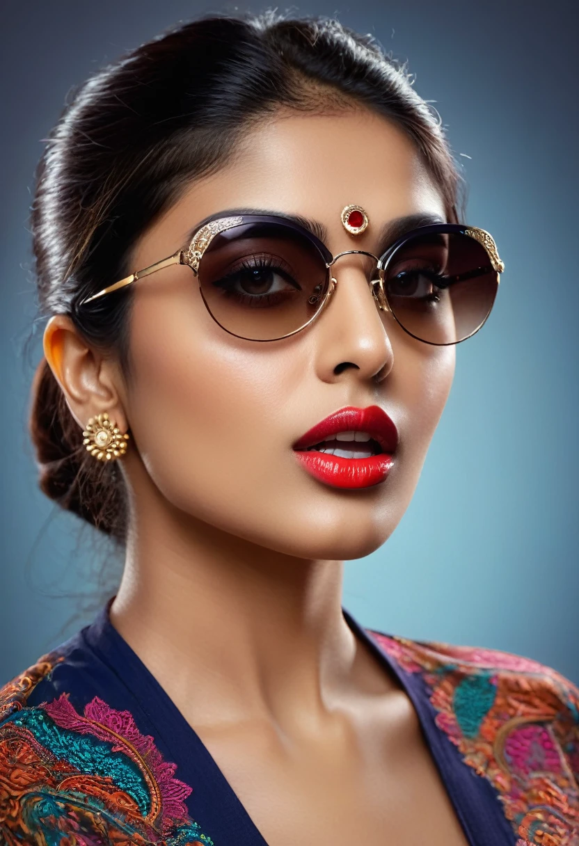 Indian women wearing sun glasses, detailed portrait, sharp focus, high resolution, photorealistic, beautiful detailed eyes, beautiful detailed lips, extremely detailed face, longeyelashes, fresh and agile look, stylish outfit, dynamic pose, studio lighting, vivid colors, professional photography