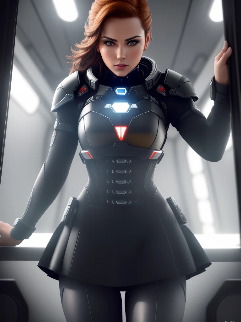 a woman in a black tight flight suit with yellow accents, brown hair, beautiful detailed gray eyes, square jawline, asymmetric face, standing in front of a window on a space ship, (best quality,8k,highres,masterpiece:1.2),ultra-detailed,(realistic,photorealistic,photo-realistic:1.37),HDR,UHD,studio lighting,ultra-fine painting,sharp focus,physically-based rendering,extreme detail description,professional,vivid colors,bokeh,mass effect,close up,fking_cinema_v2