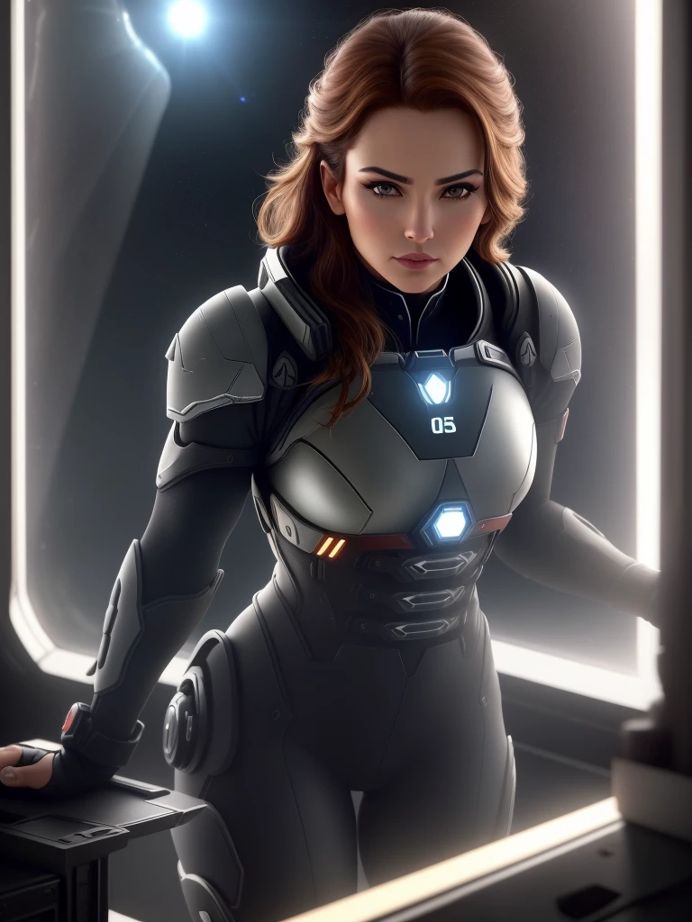 a woman in a black tight flight suit with yellow accents, brown hair, beautiful detailed gray eyes, square jawline, asymmetric face, standing in front of a window on a space ship, (best quality,8k,highres,masterpiece:1.2),ultra-detailed,(realistic,photorealistic,photo-realistic:1.37),HDR,UHD,studio lighting,ultra-fine painting,sharp focus,physically-based rendering,extreme detail description,professional,vivid colors,bokeh,mass effect,close up,fking_cinema_v2