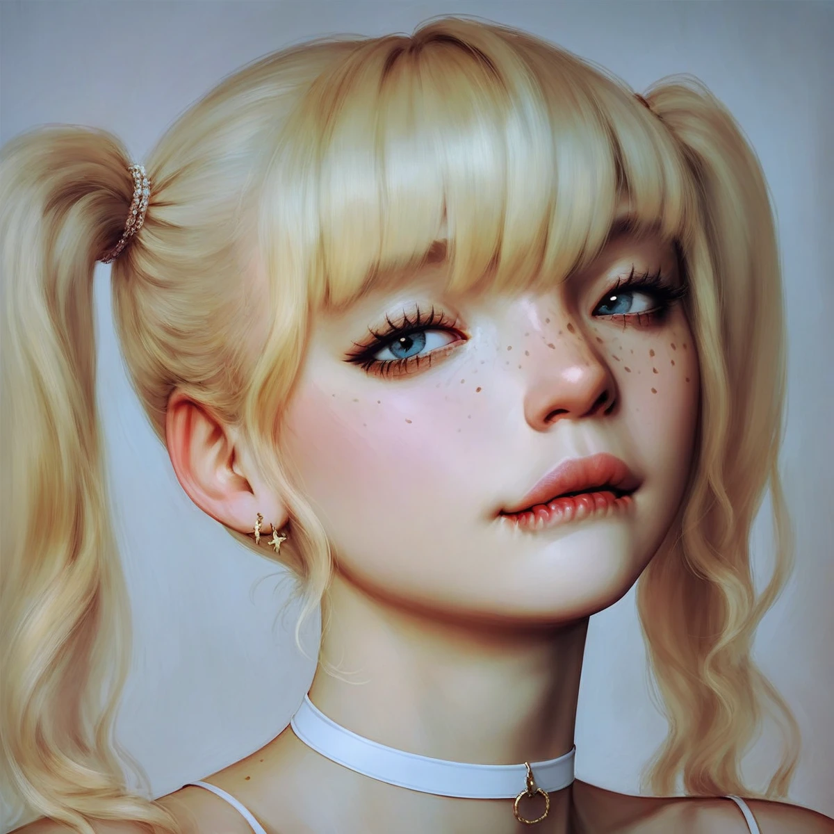 score_9,score_8_up,score_7_up,score_6_up,score_5_up,score_4_up, 1girl, pretty girl, blonde hair, in twintails, hair over 1 eye, cute nose. biting lip, seductive, white choker, pink lips, freckles,
