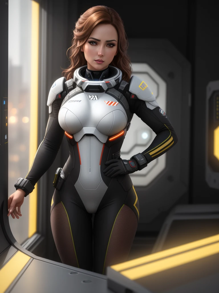 a woman in a black tight flight suit with yellow accents, brown hair, beautiful detailed gray eyes, square jawline, asymmetric face, standing in front of a window on a space ship, (best quality,8k,highres,masterpiece:1.2),ultra-detailed,(realistic,photorealistic,photo-realistic:1.37),HDR,UHD,studio lighting,ultra-fine painting,sharp focus,physically-based rendering,extreme detail description,professional,vivid colors,bokeh,mass effect,close up,fking_cinema_v2