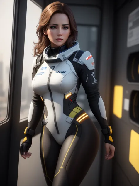 a woman in a black tight flight suit with yellow accents, brown hair, beautiful detailed gray eyes, square jawline, asymmetric f...