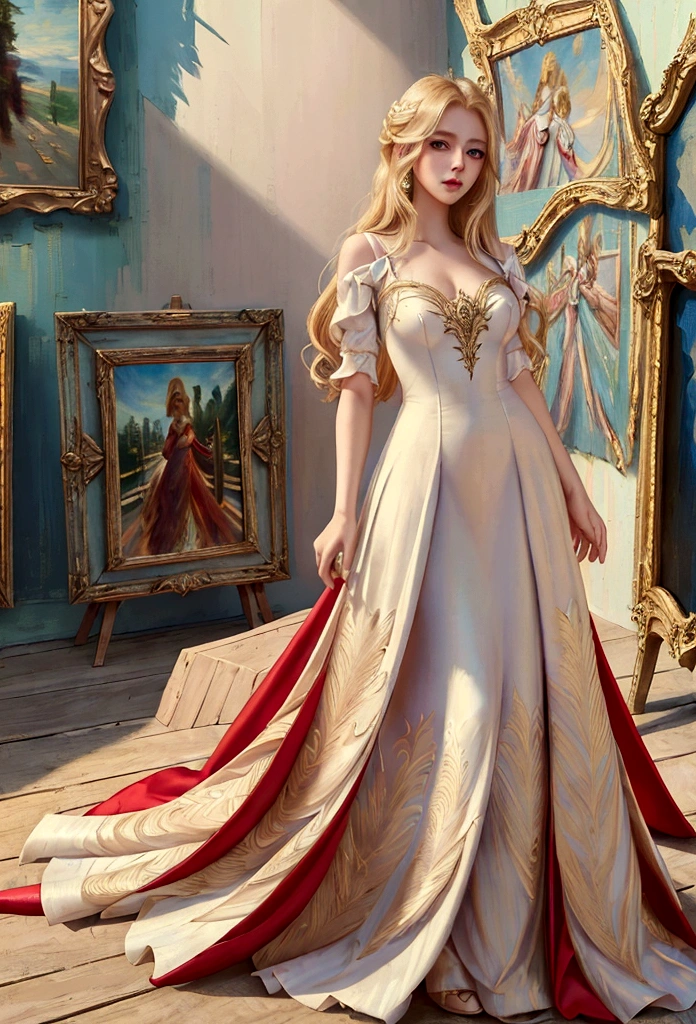 Arafed, a picture of a female angel in high society prom event, divine beautiful female angel, blond hair, long hair, flowing hair, the hair glows in a soft light, cerulean eyes, deep light eyes, divine beautiful face, folded white feather wings, she wears a ((red evening dress: 1.2)), elegant, intricate detailed dress, silk dress, she wears elegant knee high heeled boots, exquisite high heeled boots, she stands on the porch of a fantasy castle, dynamic angle, soft torch light, (Masterpiece: 1.5), 16k, highres, best quality, high details, ultra detailed, masterpiece, best quality, (extremely detailed), AngelStyle, GlowingRunesAI_paleblue, angel_wings