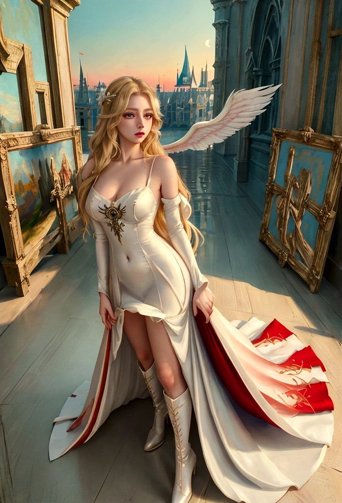 Arafed, a picture of a female angel in high society prom event, divine beautiful female angel, blond hair, long hair, flowing hair, the hair glows in a soft light, cerulean eyes, deep light eyes, divine beautiful face, folded white feather wings, she wears a ((red evening dress: 1.2)), elegant, intricate detailed dress, silk dress, she wears elegant knee high heeled boots, exquisite high heeled boots, she stands on the porch of a fantasy castle, dynamic angle, soft torch light, (Masterpiece: 1.5), 16k, highres, best quality, high details, ultra detailed, masterpiece, best quality, (extremely detailed), AngelStyle, GlowingRunesAI_paleblue, angel_wings