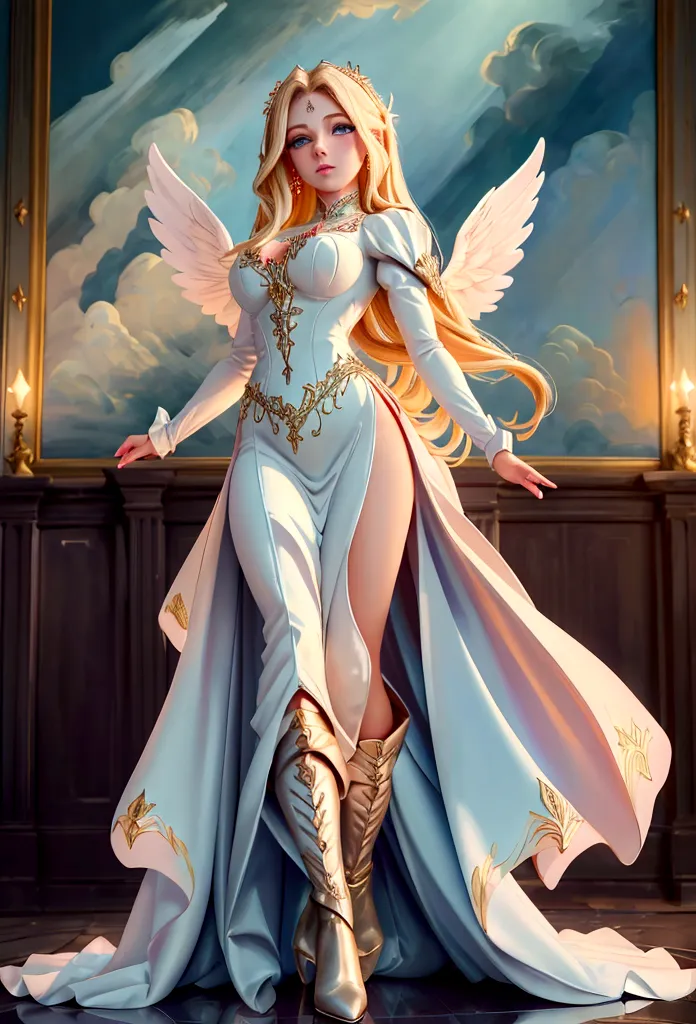 arafed, a picture of a female angel in high society prom event, divine beautiful female angel, blond hair, long hair, flowing ha...