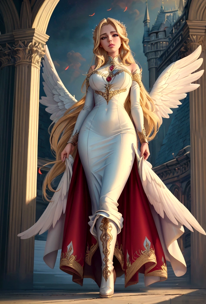 Arafed, a picture of a female angel in high society prom event, divine beautiful female angel, blond hair, long hair, flowing hair, the hair glows in a soft light, cerulean eyes, deep light eyes, divine beautiful face, folded white feather wings, she wears a ((red evening dress: 1.2)), elegant, intricate detailed dress, silk dress, she wears elegant knee high heeled boots, exquisite high heeled boots, she stands on the porch of a fantasy castle, dynamic angle, soft torch light, (Masterpiece: 1.5), 16k, highres, best quality, high details, ultra detailed, masterpiece, best quality, (extremely detailed), AngelStyle, GlowingRunesAI_paleblue, angel_wings