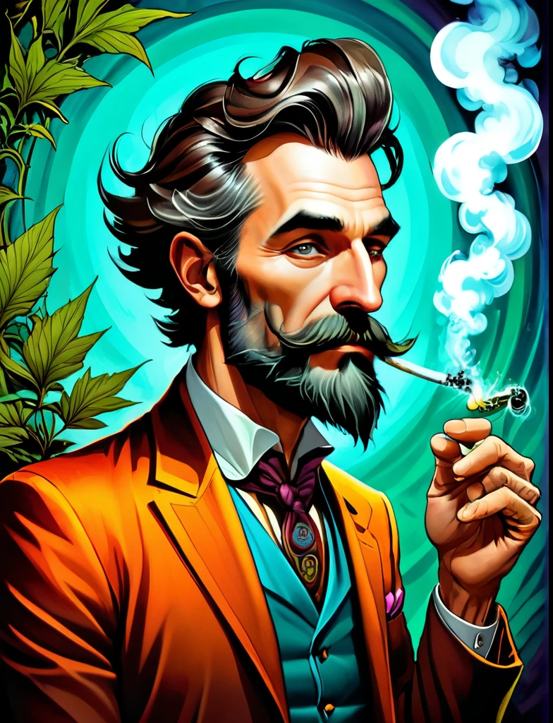 comic James Gilleard, james gilleard artwork, in the style of james gilleard, painting of a man with a beard and a mustache smoking a cigarette, personification of marijuana, jahbu art, marijuana organic painting, cultivator, psychedelic organic shaman, marihuana, psychedelic shaman, plant spirit, in salvia divinorum, visionary art style, lowbrow art style, psychedelic art style, psychedelic art, vibrant cartoon art, style of esao andrews . graphic illustration, comic art, graphic novel art, vibrant, highly detailed
, art by Jay Anacleto, digital art, (Aunt:1.3) , [Conscious|Rusty], wearing Elemental, Wrinkles, Bokeh, Cozy, best quality, 800mm lens, . graphic illustration, comic art, graphic novel art, vibrant, highly detailed