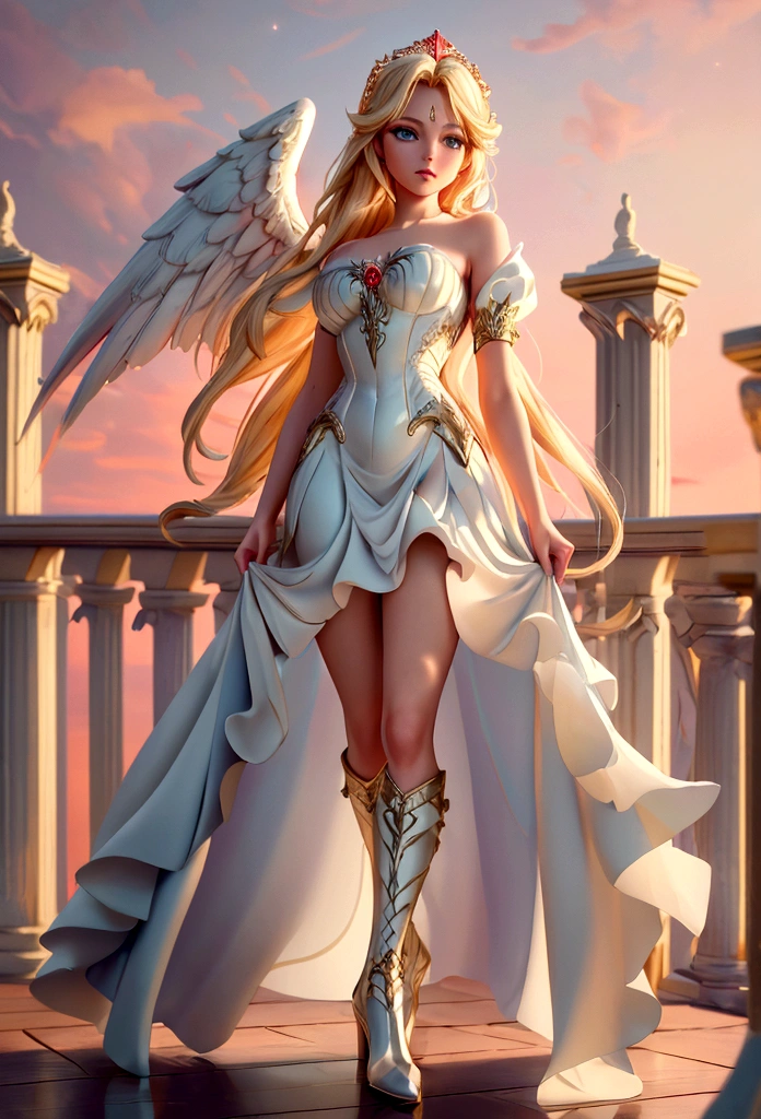 Arafed, a picture of a female angel in high society prom event, divine beautiful female angel, blond hair, long hair, flowing hair, the hair glows in a soft light, cerulean eyes, deep light eyes, divine beautiful face, folded white feather wings, she wears a ((red evening dress: 1.2)), elegant, intricate detailed dress, silk dress, she wears elegant knee high heeled boots, exquisite high heeled boots, she stands on the porch of a fantasy castle, dynamic angle, soft torch light, (Masterpiece: 1.5), 16k, highres, best quality, high details, ultra detailed, masterpiece, best quality, (extremely detailed), AngelStyle, GlowingRunesAI_paleblue, angel_wings