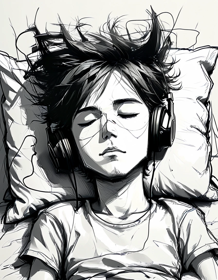 A broken heart boy lying on the bed listening music wearing headphones, line art anime art, sketch art 