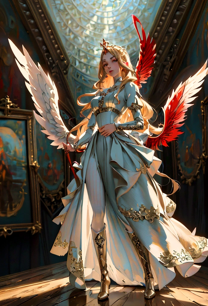 Arafed, a picture of a female angel in high society prom event, divine beautiful female angel, blond hair, long hair, flowing hair, the hair glows in a soft light, cerulean eyes, deep light eyes, divine beautiful face, folded white feather wings, she wears a ((red evening dress: 1.2)), elegant, intricate detailed dress, silk dress, she wears elegant knee high heeled boots, exquisite high heeled boots, she stands on the porch of a fantasy castle, dynamic angle, soft torch light, (Masterpiece: 1.5), 16k, highres, best quality, high details, ultra detailed, masterpiece, best quality, (extremely detailed), AngelStyle, GlowingRunesAI_paleblue, angel_wings