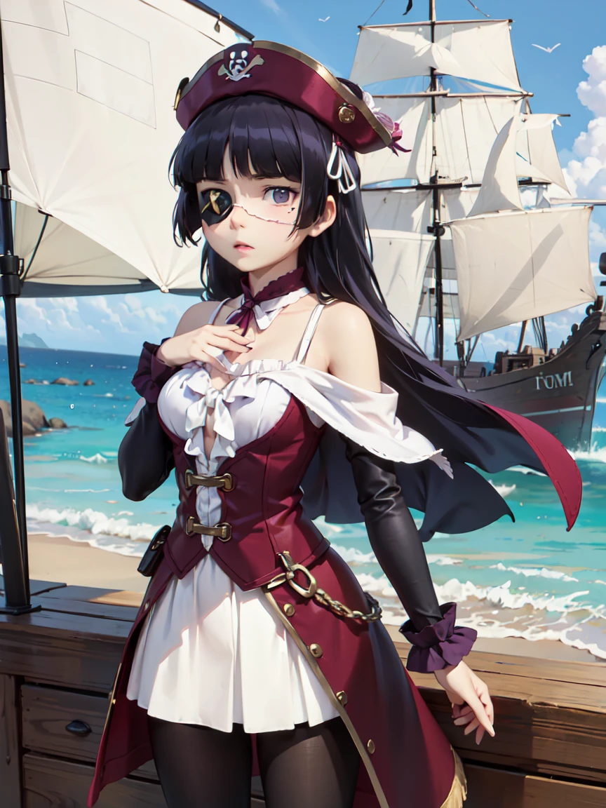 (Eye patch), One Girl, Hime cut, (ruri gokou), Against the backdrop of rough seas、Female pirate captain standing strong on the deck of her ship。彼女はEye patchをつけており、Has a confident look on his face。A scene featuring hair blowing in the wind and a skull pirate flag.。
, pirate, pirate hat, deck, coat, bare shoulder, 